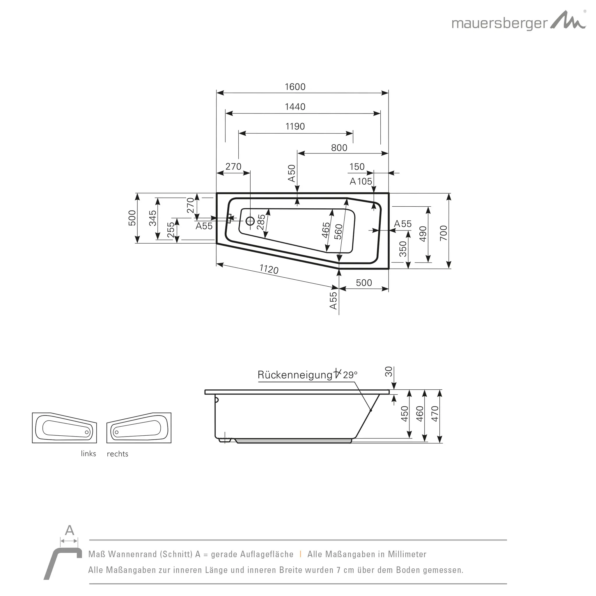 Mauersberger Acryl-Badewanne globosa 160/70 links, 1600x700x470, weiß
