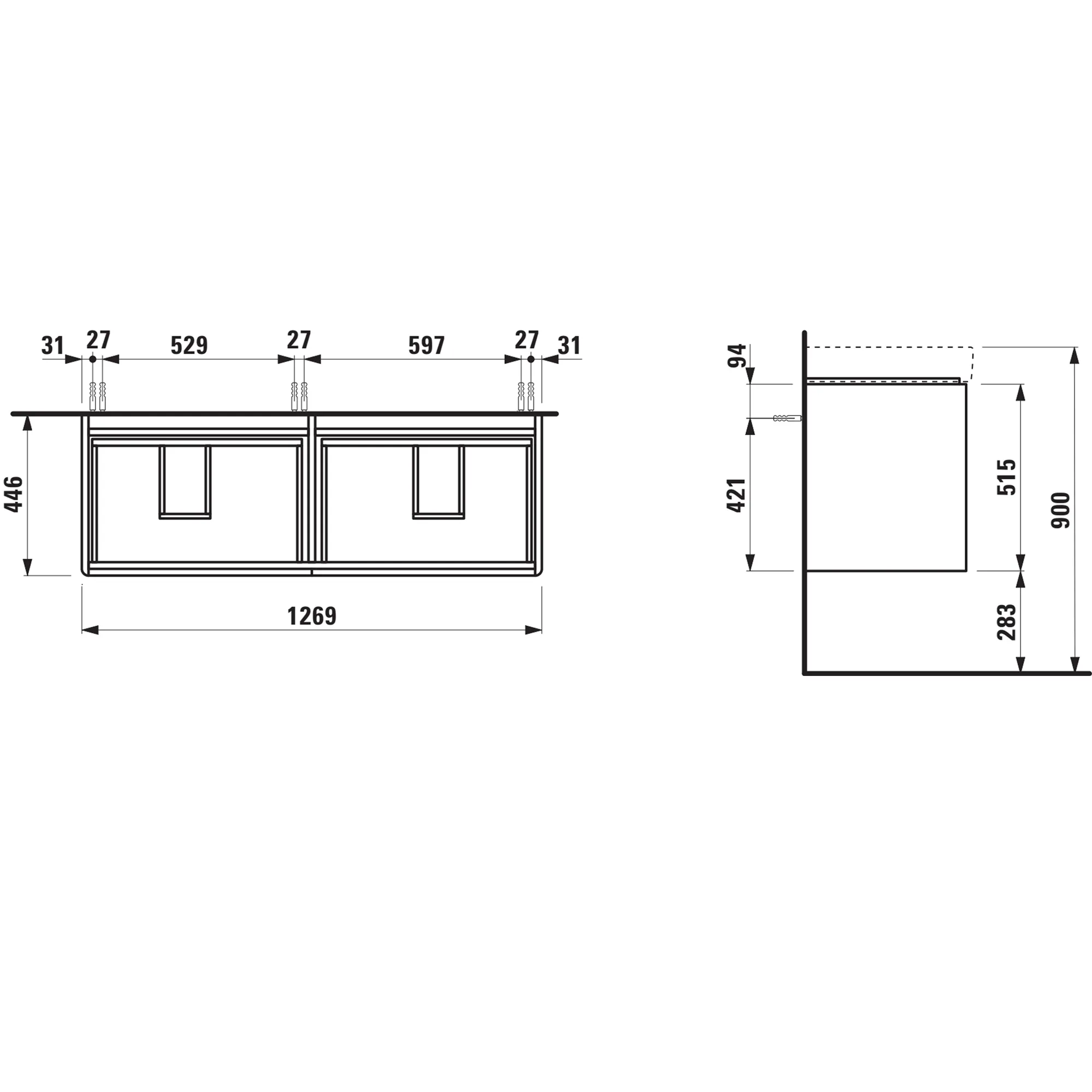 Waschtischunterbau BASE 2.0 für PRO S 446x1269x515 4 Schubladen mit Griffmulde für Waschtisch H814968 weiß matt