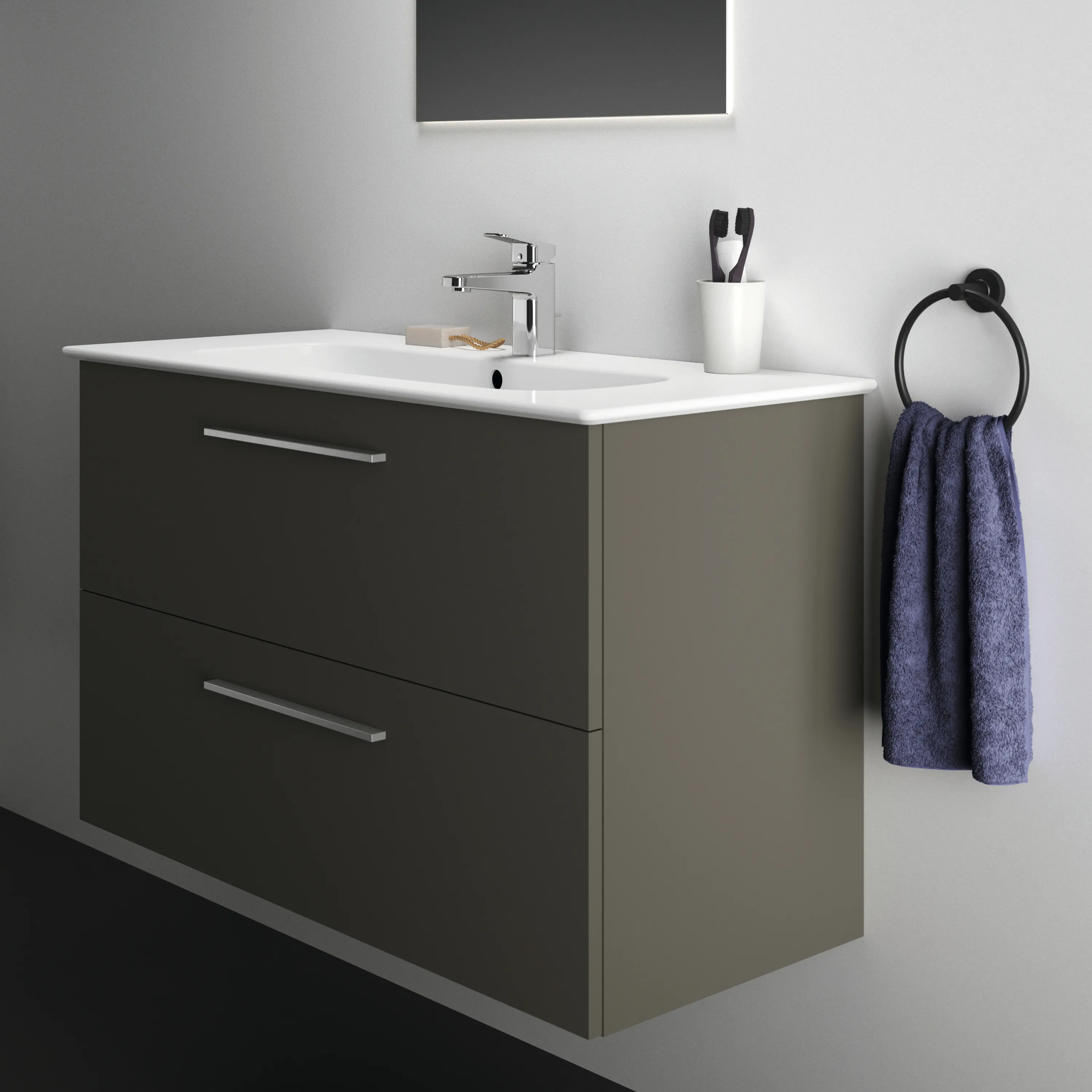 Ideal Standard i.life A Möbelwaschtischunterschrank 1000x440x630 mm Quarzgrau matt 2 Auszüge Softclose wandhängend