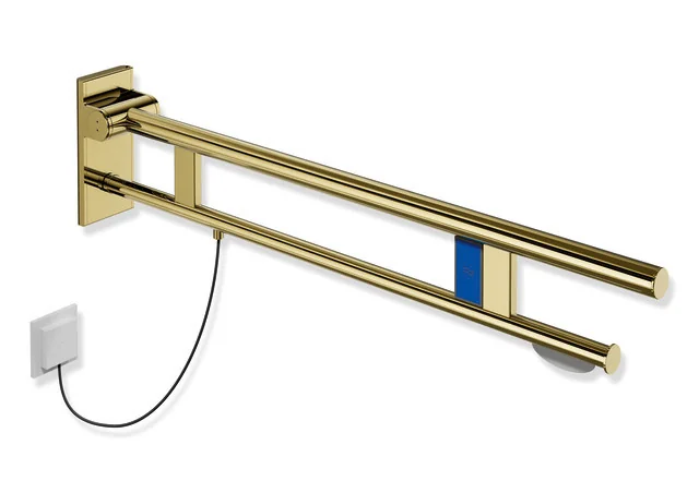 HEWI Stützklappgriff Duo, System 900, Edelstahl PVD gold glänzend, Ausladung 900 mm, mit WC-Papierhalter und Spülauslösung links
