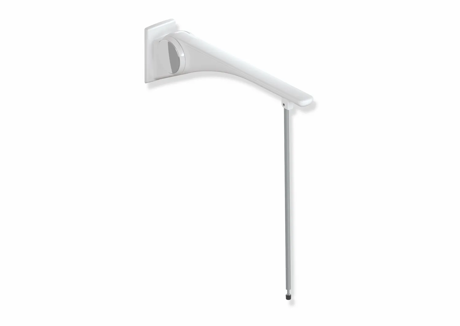 HEWI Stützklappgriff Basic aus der Serie LifeSystem – Ausladung 750 mm, Montagehöhe 760 mm, Edelstahlbodenstütze matt geschliffen, Signalweiß glänzend mit Griffpad Kunststoff SD (Signalweiß matt)