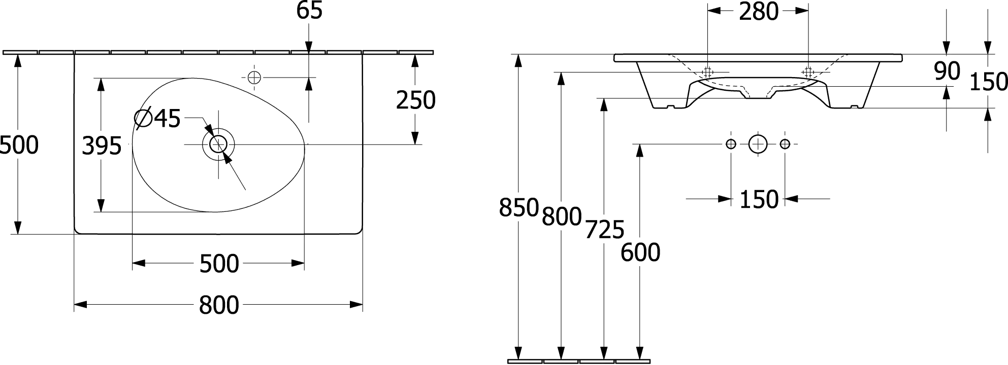 Wandwaschtisch „Antao“, rechteckig, ohne Überlauf, Hahnlochposition mittig 80 × 50 cm