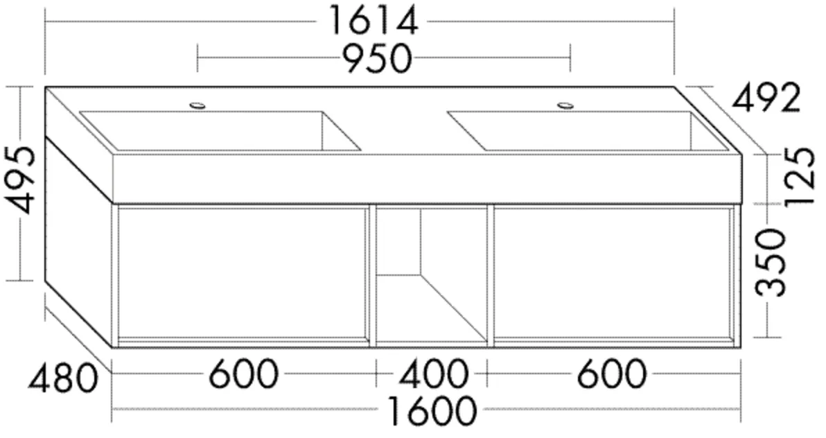 Mineralguss-Waschtisch Uomo inkl. Waschtischunterschrank - burgbad Serie Uomo, Doppelwaschtisch 626x331 mm, Muldentiefe 90 mm, 495 mm hoch, 1614 mm breit