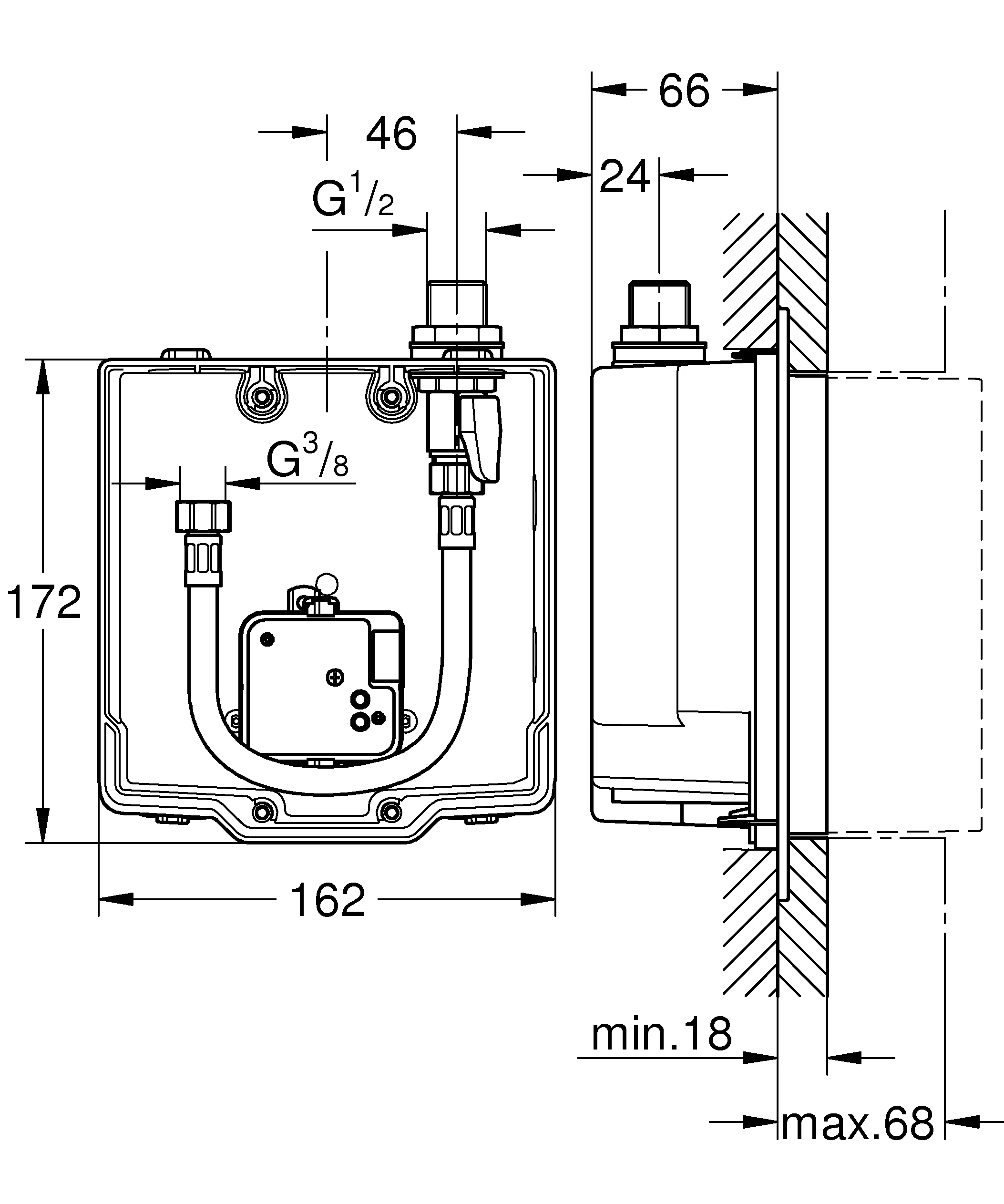 Unterputz-Einbaukasten Euroeco CE 36337_1, ohne Mischung, für IR-Fertigmontagesets, mit Dichtmanschette, für normgerechte Wanddurchführung bei Wassereinwirkung nach DIN 18534:2017