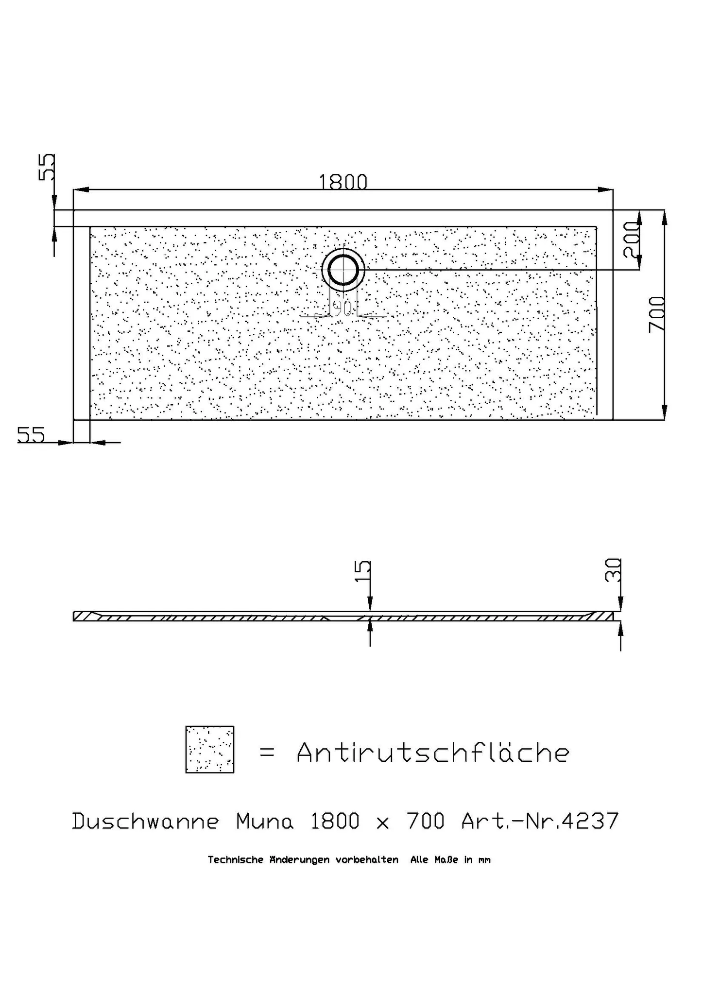 Duschwanne Muna 1800x700x30 mit Antirutsch, Material Solique, Schiefergrau - Hoesch