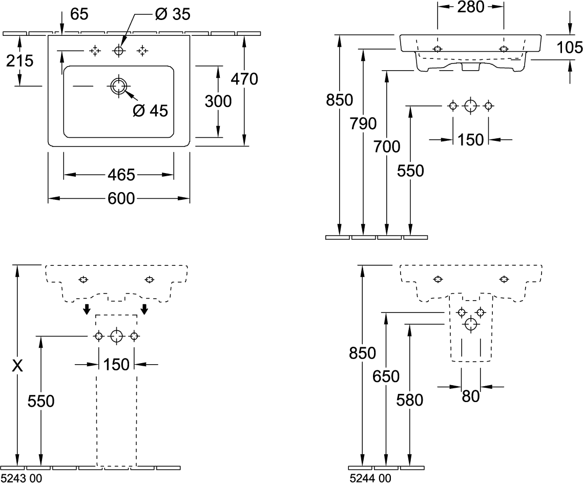 Villeroy & Boch Wandwaschtisch „Subway 2.0“ 600 × 470 × 150 mm, mit Hahnlochbohrung, Hahnlochposition mittig, mit Hahnlochbank in Weiß Alpin Villeroy & Boch Wandwaschtisch „Subway 2.0“ 600 × 470 × 150 mm, mit Hahnlochbohrung, Hahnlochposition mittig, mit Hahnlochbank in Weiß Alpin