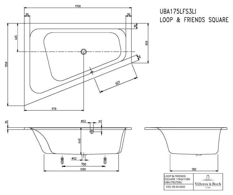 Villeroy & Boch Badewanne mit eckiger Innenform „Loop & Friends“ umlaufender Wannenrand trapez 175 × 135 cm, links, Mittelablauf 