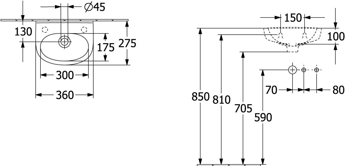 Handwaschbecken O.novo 434036, 360 x 275 mm, Oval, Becken mittig seitliche Hahnlöcher vorgestochen, mit Überlauf, Weiß Alpin