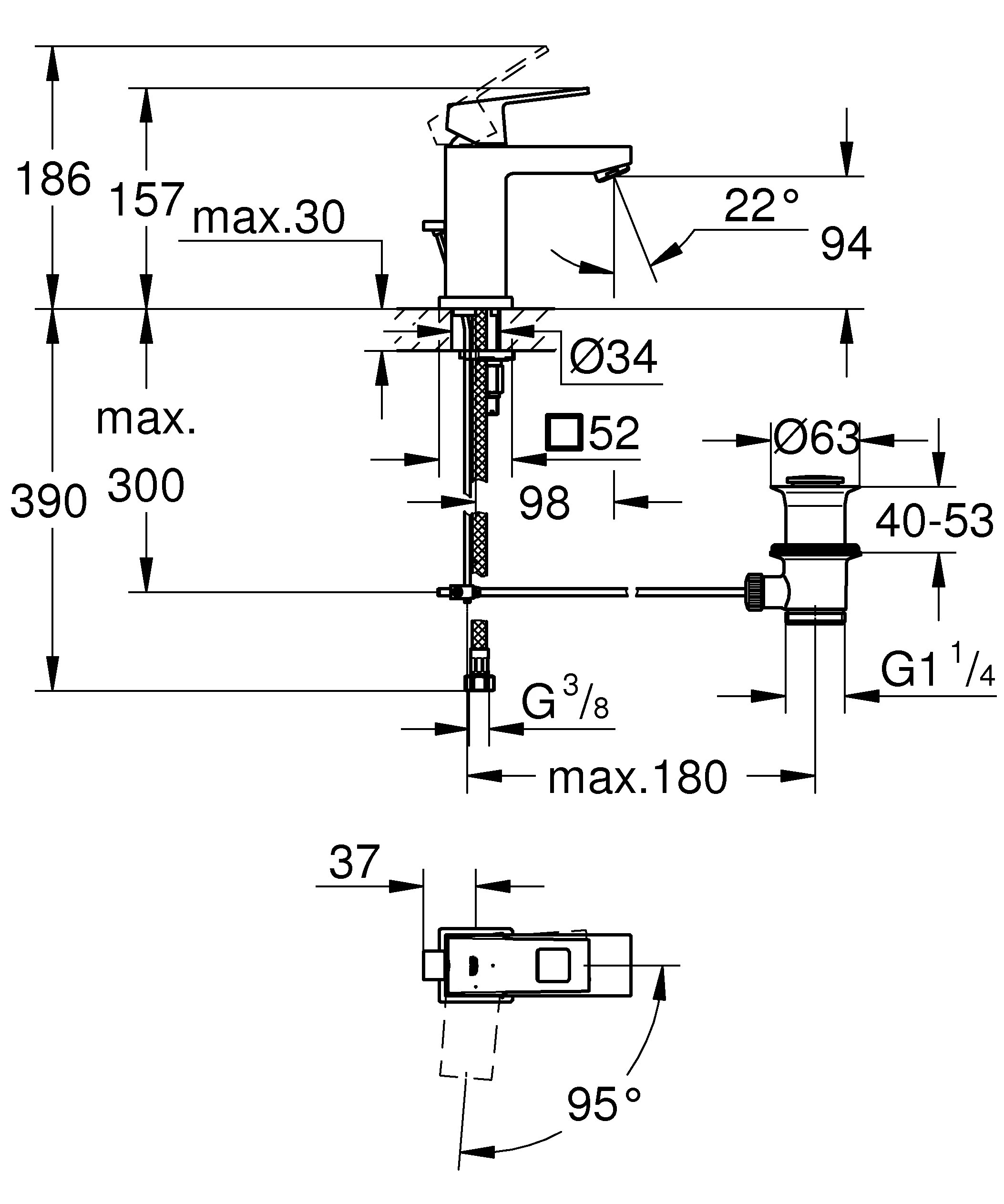 Einhand-Waschtischbatterie Eurocube 23390, S-Size, Einlochmontage, Zugstangen-Ablaufgarnitur 1 1/4″, Energie-Spar-Funktion Mittelstellung kalt, chrom