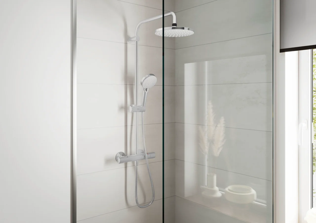 Hansgrohe Vernis Blend Showerpipe 200 1jet EcoSmart mit Thermostat, Chrom, 426 mm Brausearmlänge, DN15 Anschluss Hansgrohe Vernis Blend Showerpipe 200 1jet EcoSmart mit Thermostat, Chrom, 426 mm Brausearmlänge, DN15 Anschluss