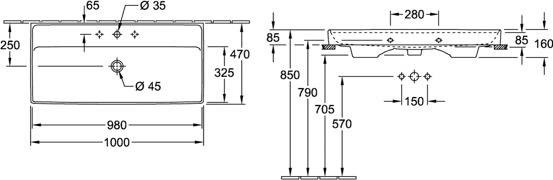Villeroy & Boch Schrankwaschtisch Collaro 4A331G, 1000x470mm, Rechteck, 1HL. mittleres Hahnloch durchgestochen, mit Überlauf, Unterseite geschliffen, Weiß Alpin