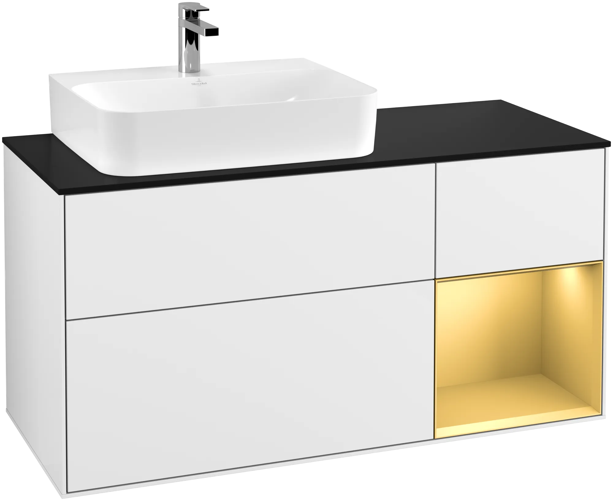 Villeroy & Boch Finion Waschbeckenunterschrank G15 1200x603x501mm Glossy White Lacquer / Gold Matt Lacquer / Glass Black Matt