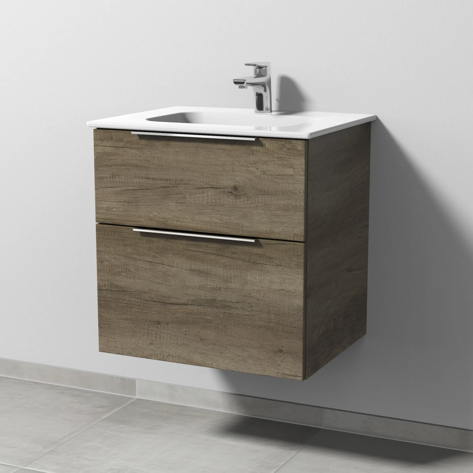 Keramik-Waschtisch-Set mit Waschtischunterschrank „3way“ 57 × 46 × 58,2 cm in Eiche Nebraska, mit Hahnlochbohrung, Becken mittig