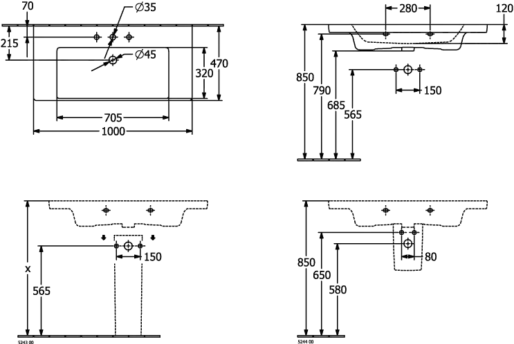 Set Waschtischunterschrank 3way 95,5 x 58,8 x 46,2 cm mit Wandwaschtisch Subway 3.0 als Set 