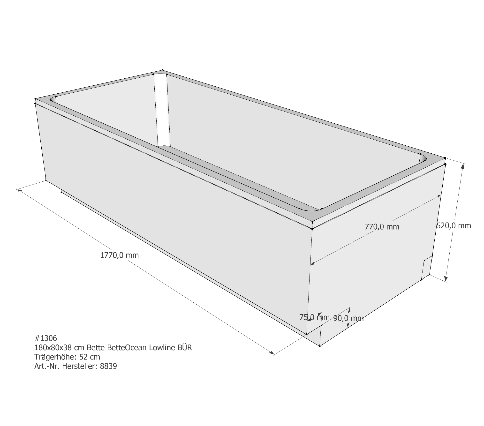 Badewannenträger für Bette Ocean Lowline 180 × 80 × 38 cm Badewannenträger für Bette Ocean Lowline 180 × 80 × 38 cm