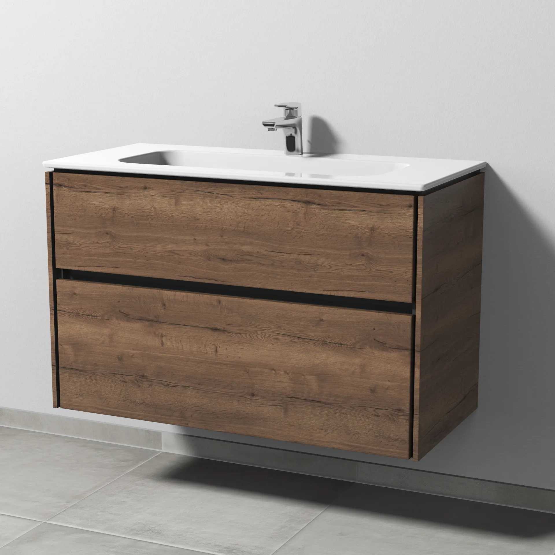 Keramik-Waschtisch-Set mit Waschtischunterschrank „Twiga“ 99 × 46 × 61 cm in Eiche Tabak, ohne Beleuchtung, mit Hahnlochbohrung Keramik-Waschtisch-Set mit Waschtischunterschrank „Twiga“ 99 × 46 × 61 cm in Eiche Tabak, ohne Beleuchtung, mit Hahnlochbohrung