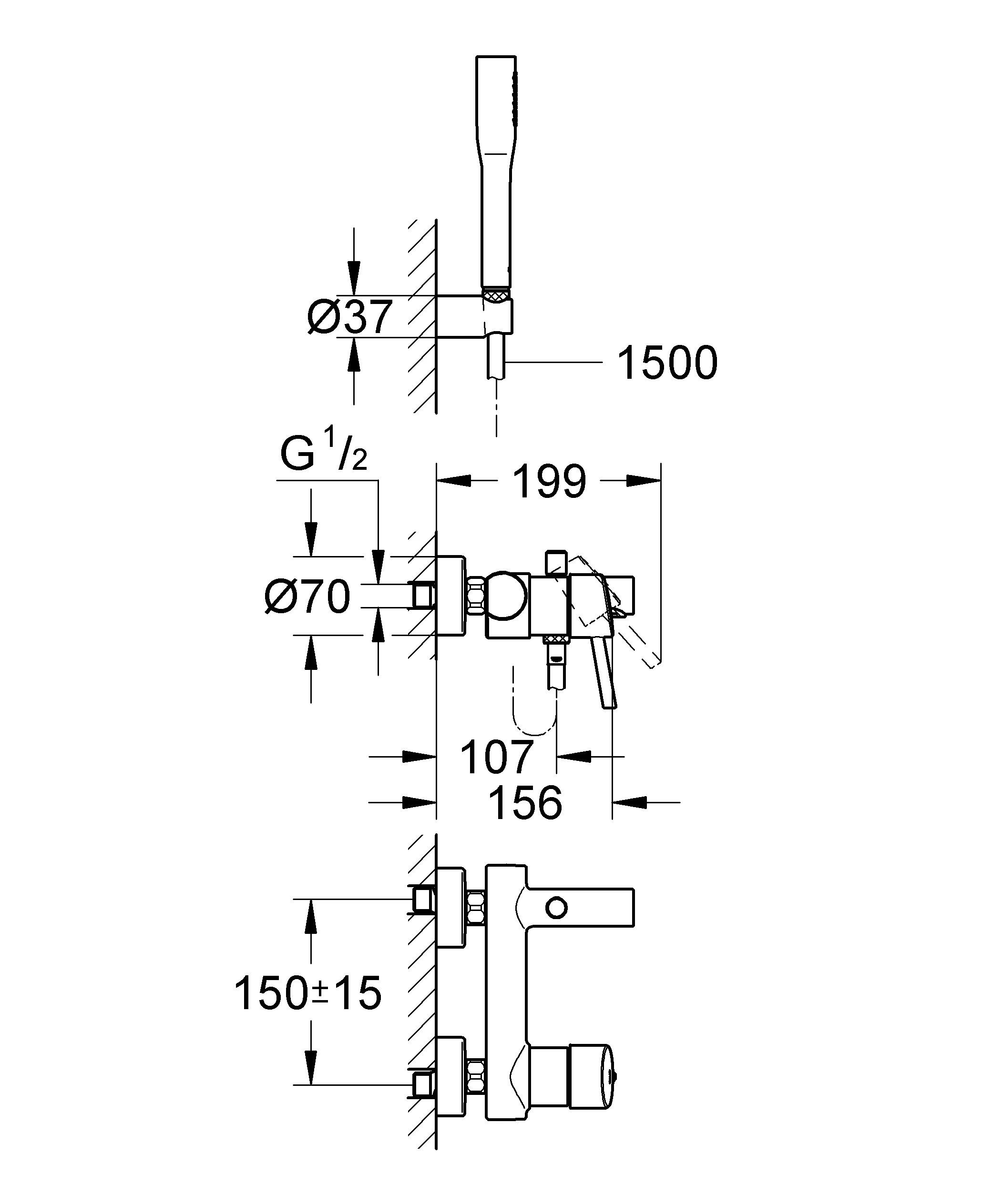 Einhand-Wannenbatterie Concetto 32212_1, Wandmontage, mit Brausegarnitur, eigensicher, chrom