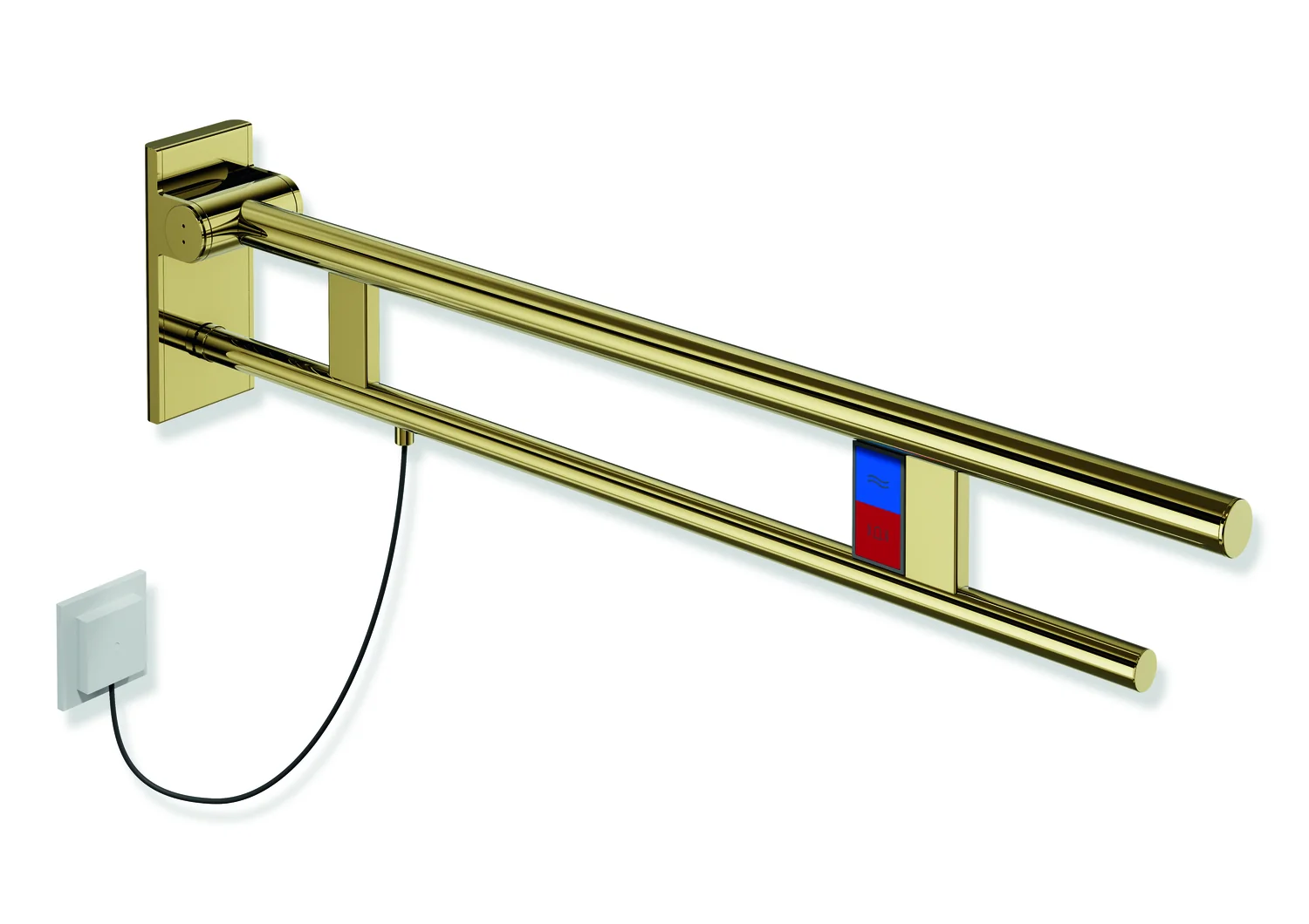 HEWI Stützklappgriff Duo System 900, Design A, Edelstahl PVD gold glänzend, Ausladung 900 mm, Spül-/Funktionstasten, links