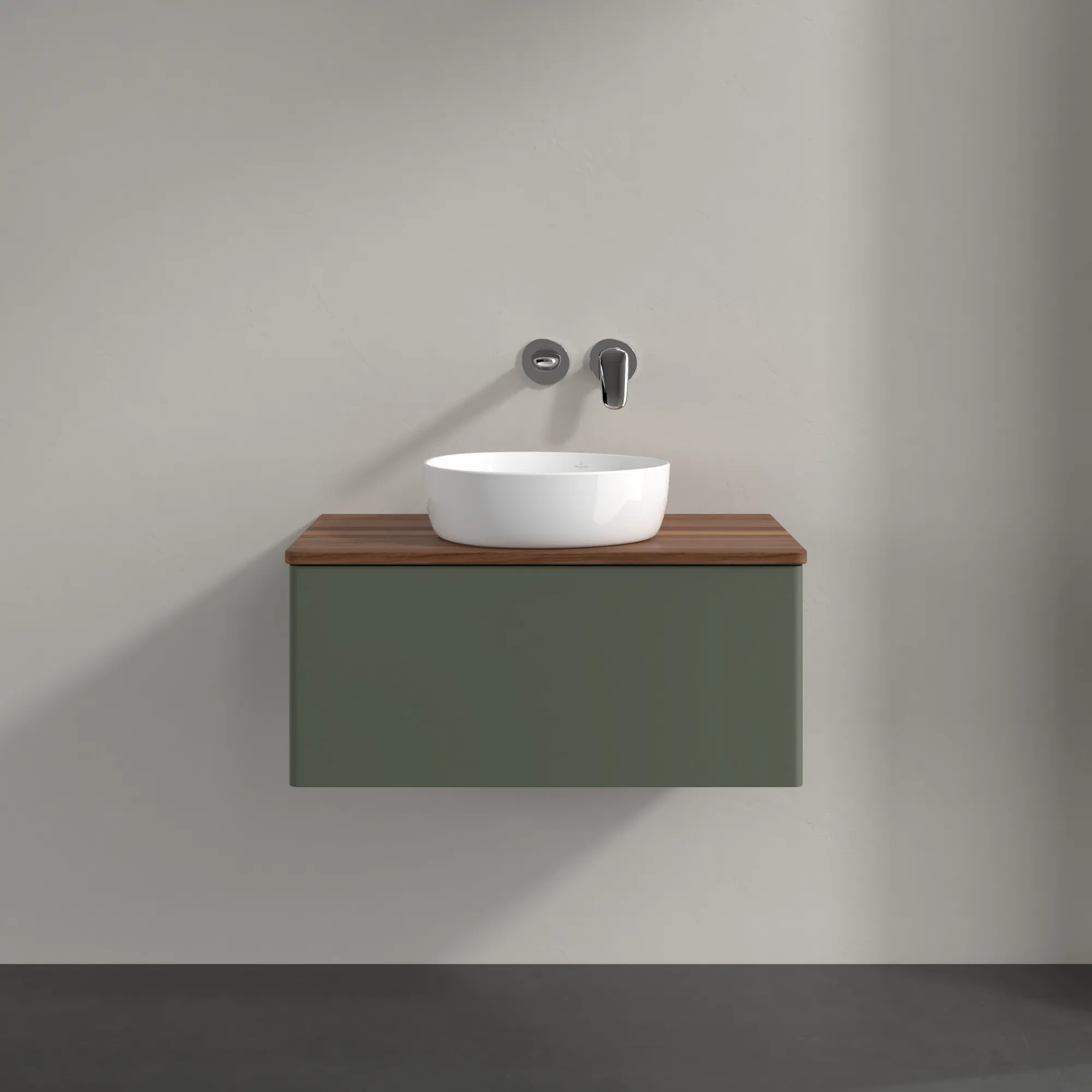 Villeroy & Boch Waschtischunterschrank „Antao“ 800 × 360 × 500 mm Leaf Green Matt Lacquer, für Becken mittig, mit Beleuchtung Villeroy & Boch Waschtischunterschrank „Antao“ 800 × 360 × 500 mm Leaf Green Matt Lacquer, für Becken mittig, mit Beleuchtung