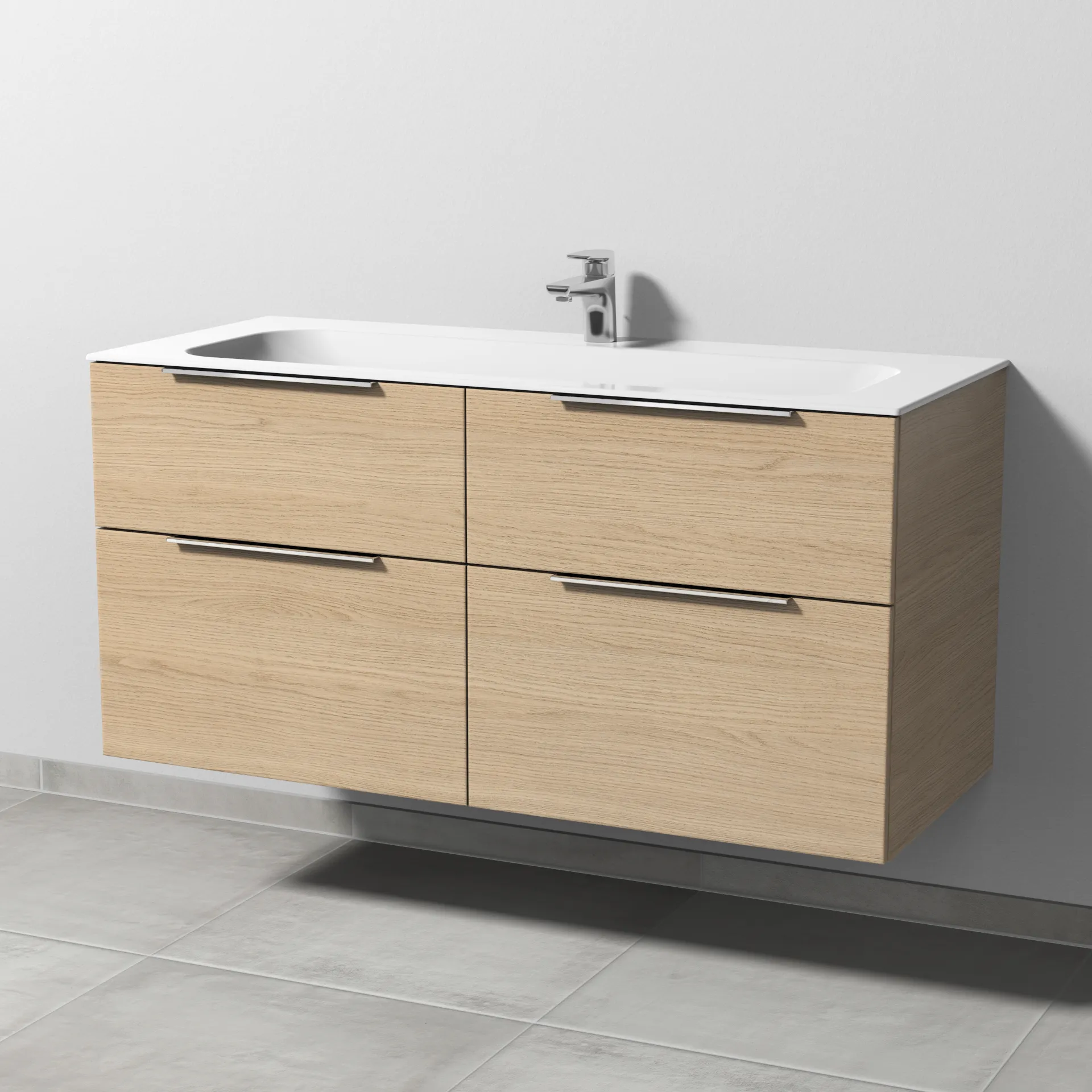 Keramik-Waschtisch-Set mit Waschtischunterschrank „3way“ 119 × 49,7 × 58,2 cm in Eiche Nordic, mit Hahnlochbohrung, Becken mittig