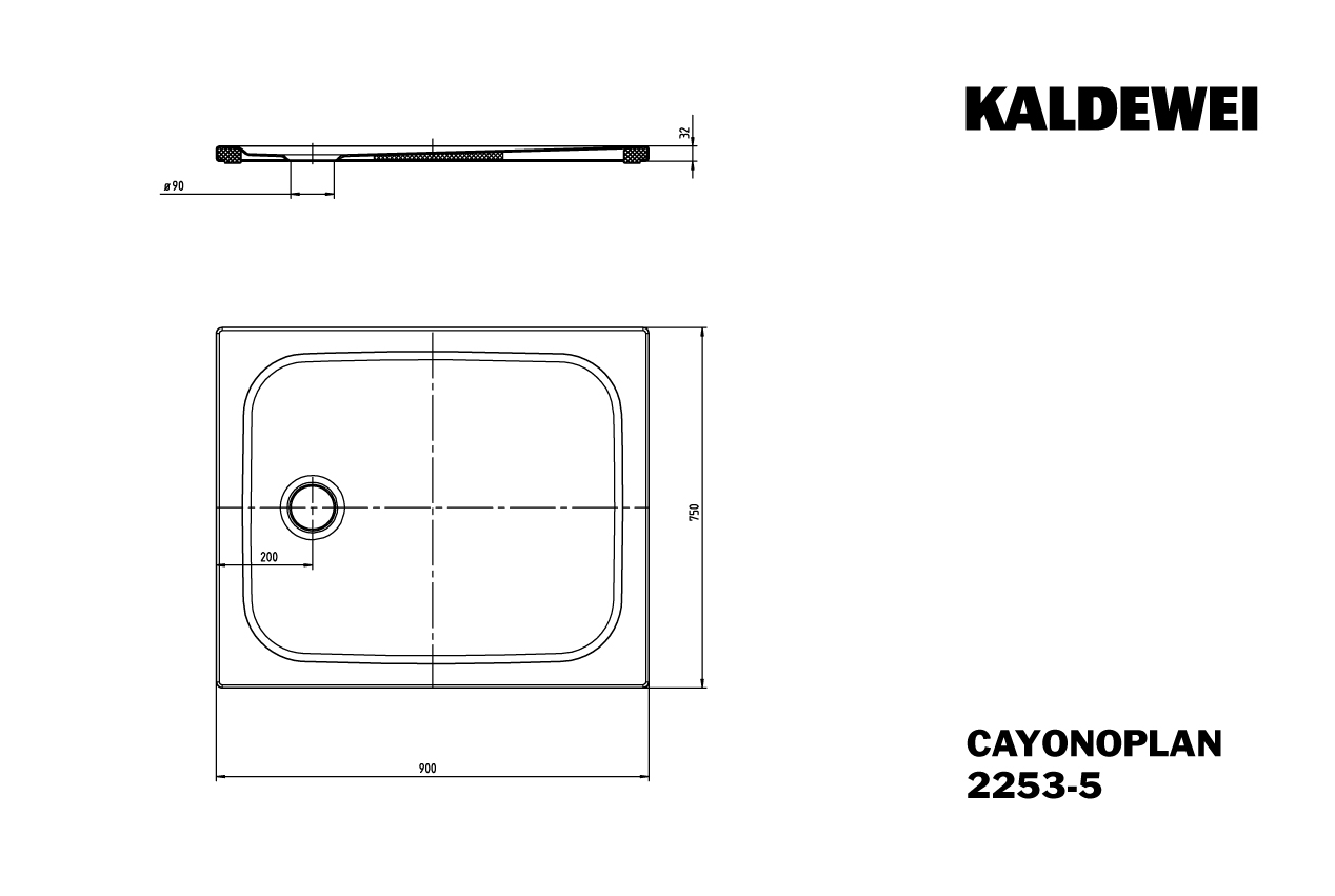 Kaldewei rechteck Duschwanne „Cayonoplan“ 75 × 90 cm in schwarz matt