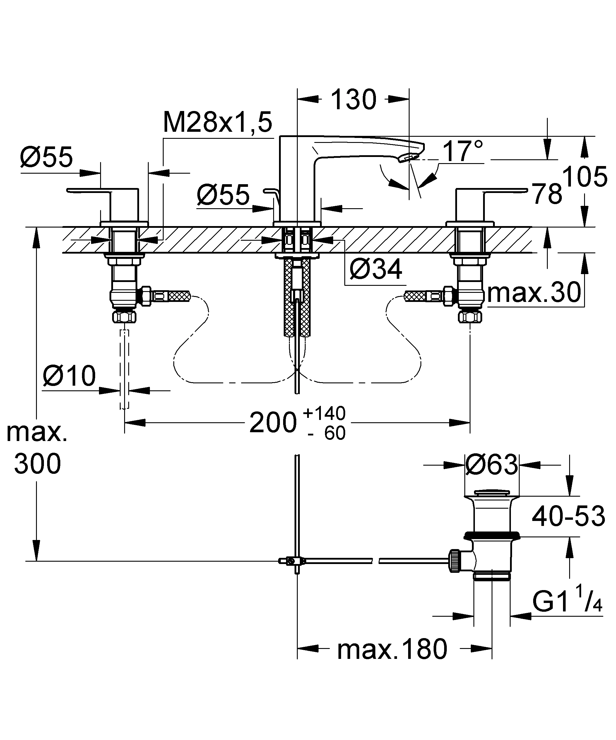 3-Loch-Waschtischbatterie Eurostyle Cosmopolitan 20208_2, Zugstangen-Ablaufgarnitur 1 1/4'', chrom