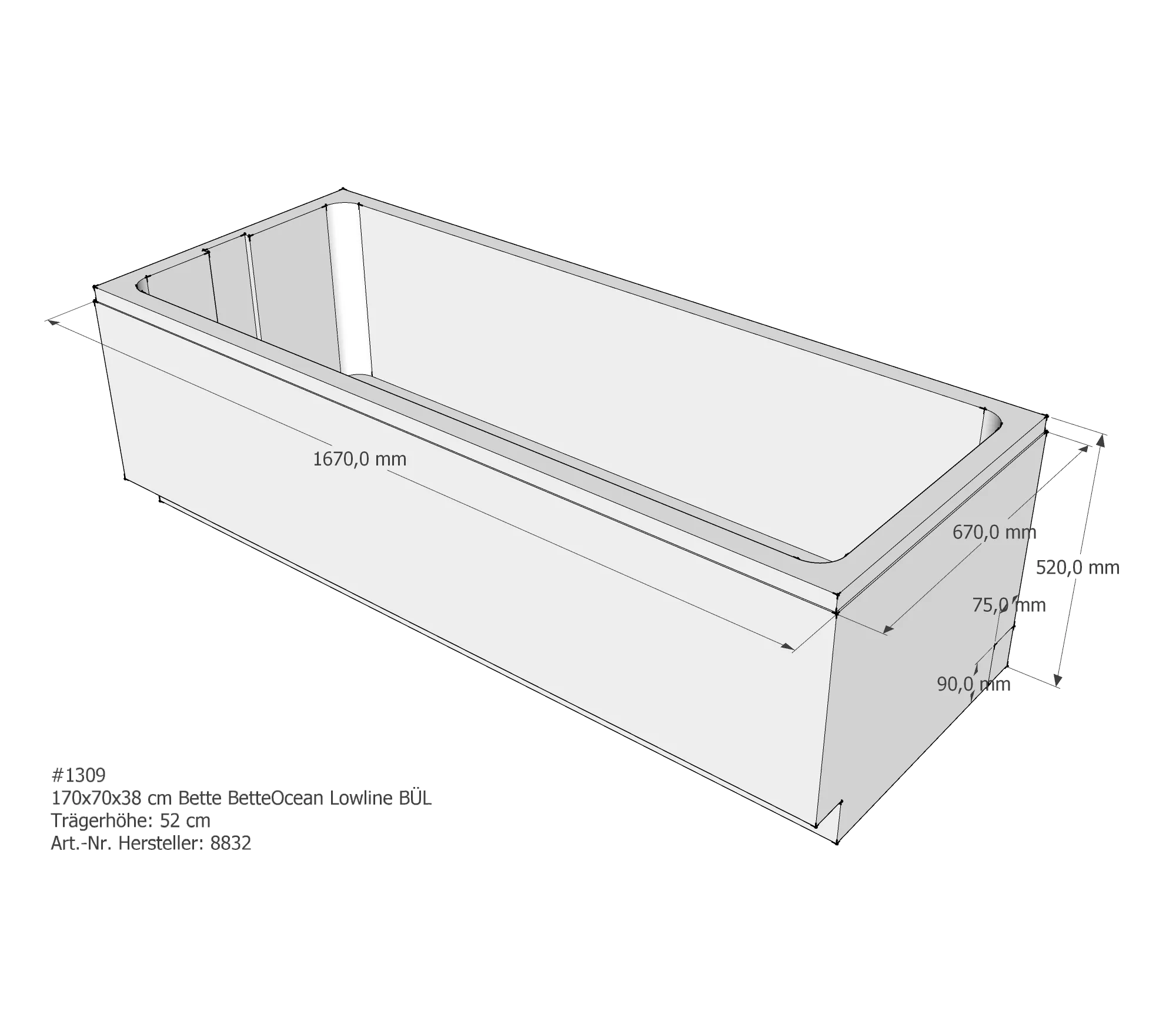 Badewannenträger für Bette Ocean Lowline 170 × 70 × 38 cm Ab- und Überlaufposition: hinten / Breite: 70 cm / Länge: 170 cm Badewannenträger für Bette Ocean Lowline 170 × 70 × 38 cm Ab- und Überlaufposition: hinten / Breite: 70 cm / Länge: 170 cm
