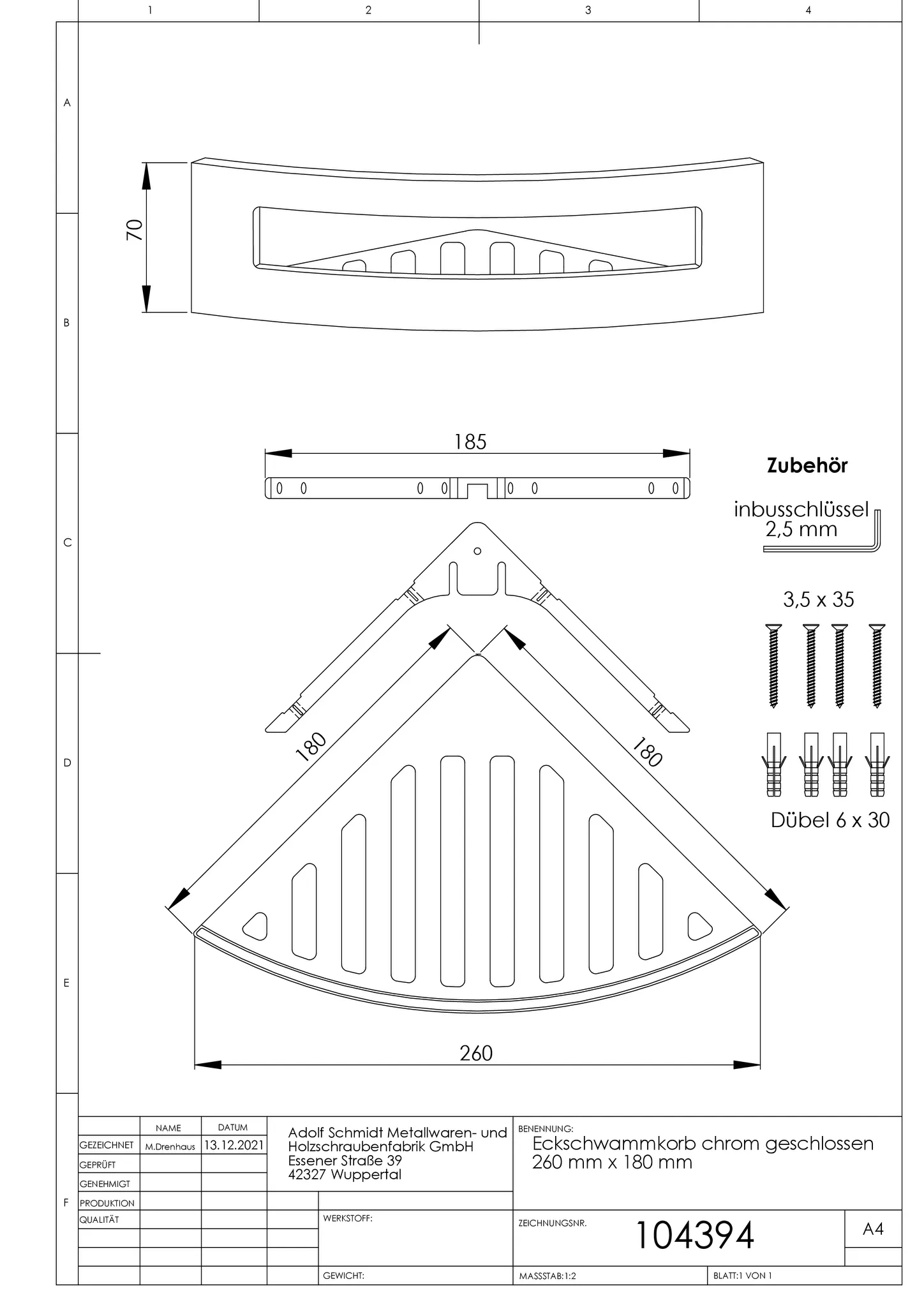 ASW Eck-Schwammkorb, Befestigung verdeckt 185 × 260 × 77 mm in Matt Schwarz