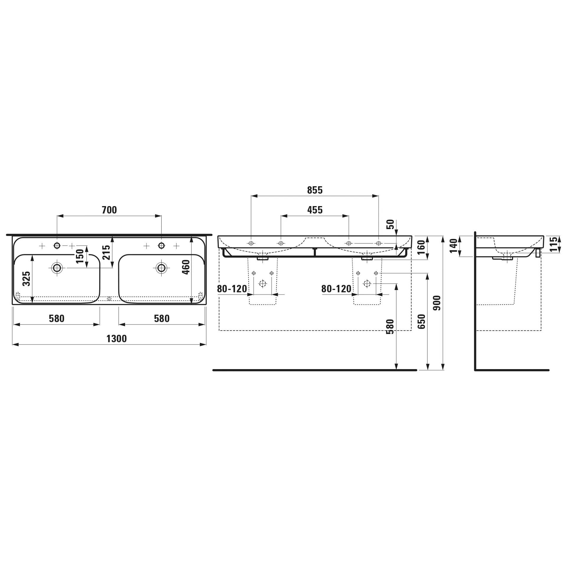 Doppelwaschtisch, MEDA, 460x1300x160, 1 Hahnloch je Becken mit Überlauf, weiß Doppelwaschtisch, MEDA, 460x1300x160, 1 Hahnloch je Becken mit Überlauf, weiß