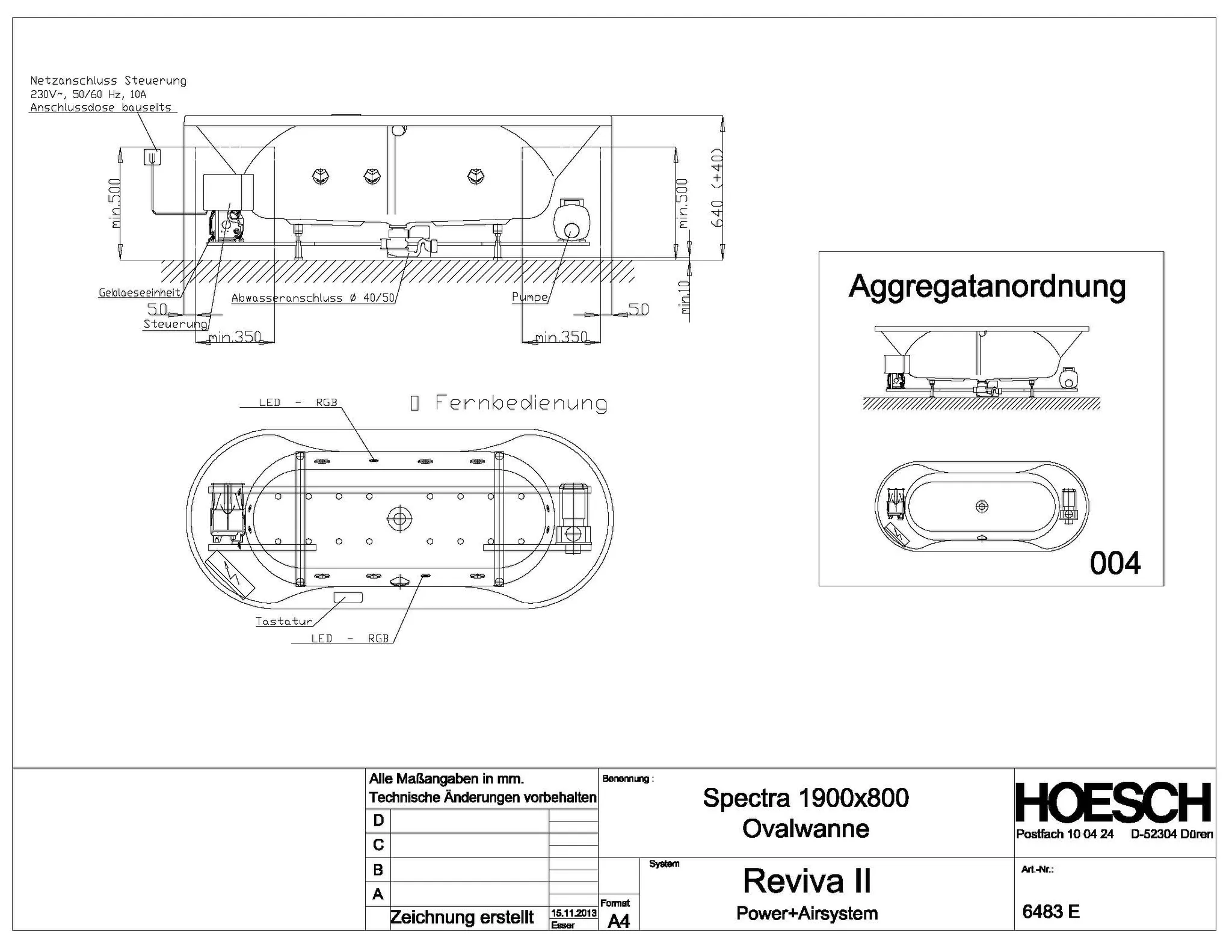 Hoesch Whirlwanne „Spectra“ mit Whirlsystem „Reviva II“ oval 190 × 80 cm, oval