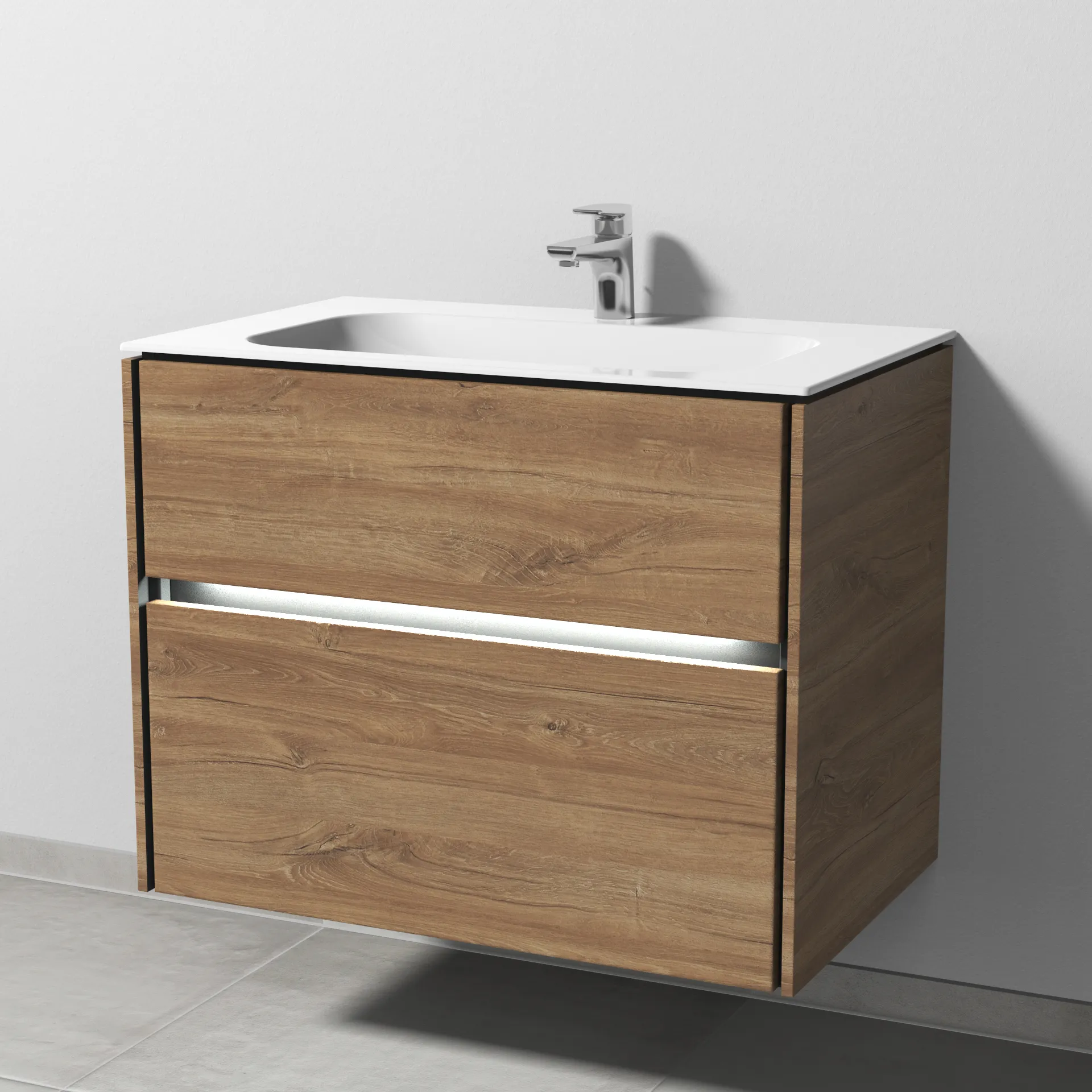Keramik-Waschtisch-Set mit Waschtischunterschrank „Twiga“ 79 × 50 × 61 cm in Eiche Kansas, mit Hahnlochbohrung, mit Beleuchtung Keramik-Waschtisch-Set mit Waschtischunterschrank „Twiga“ 79 × 50 × 61 cm in Eiche Kansas, mit Hahnlochbohrung, mit Beleuchtung