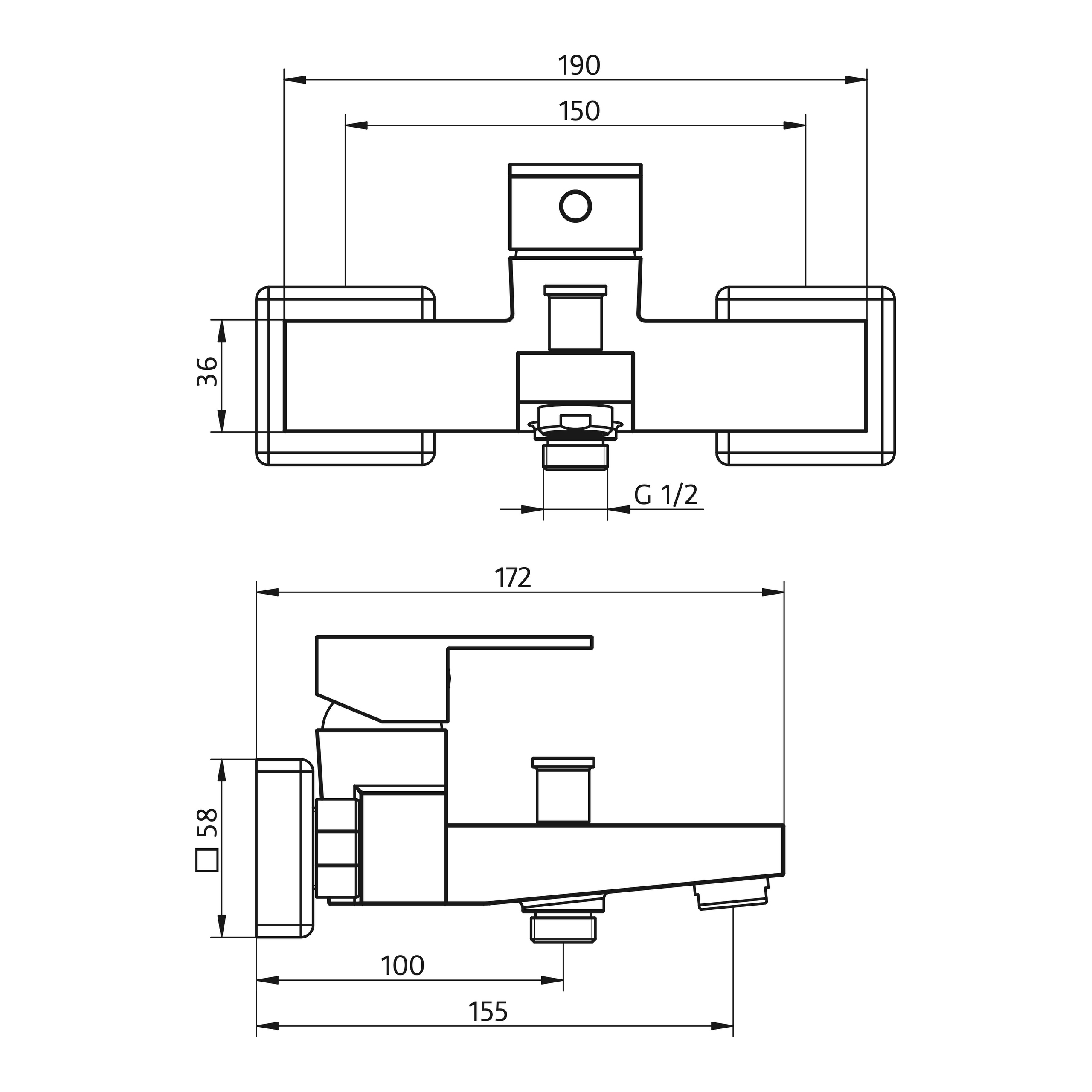 Wannenfüller „Eckig“ Wannenfüller- und Brause-Einhebelmischer Ausladung 172 mm Wannenfüller „Eckig“ Wannenfüller- und Brause-Einhebelmischer Ausladung 172 mm