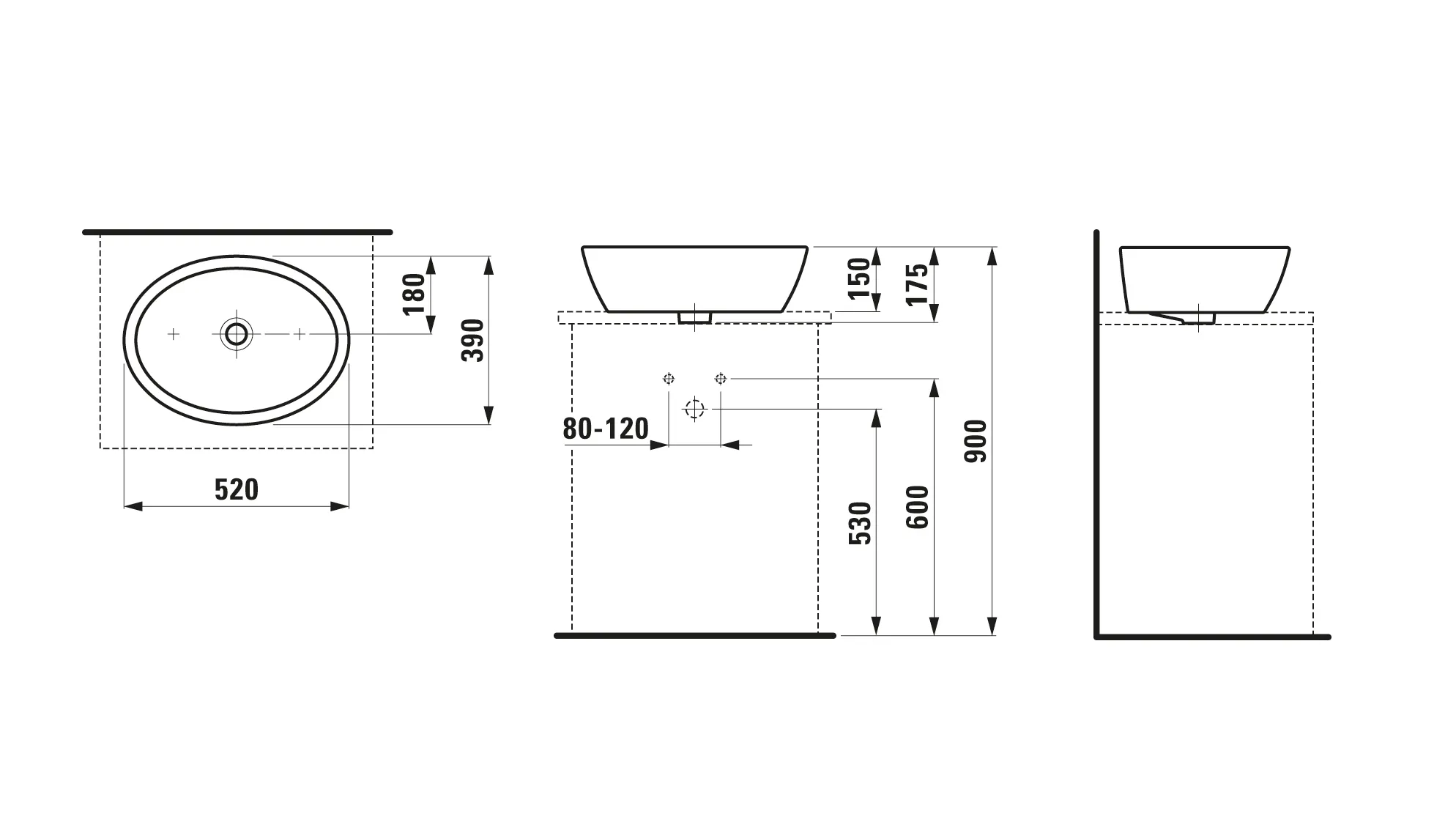 Waschtisch-Schale PRO B 390x520x175 ohne Hahnloch mit Überlauf weiß