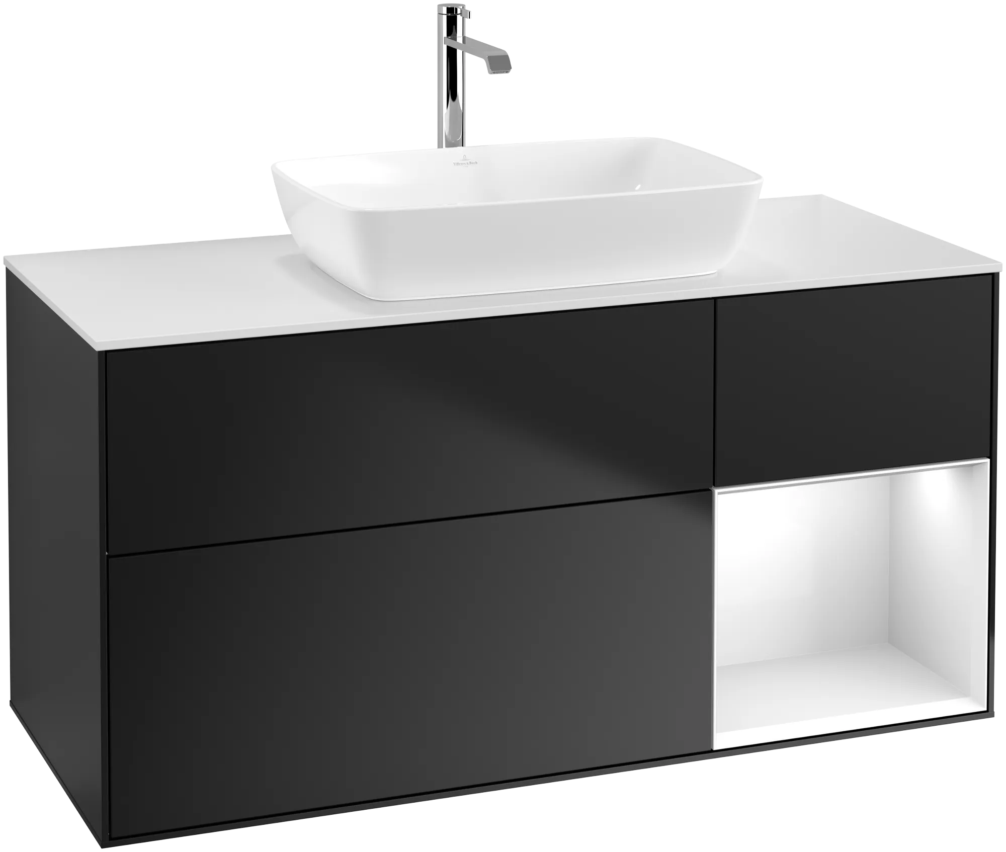 Villeroy & Boch Waschbeckenunterschrank Finion G83, 1200x603x501mm, Black Matt Lacquer / Glossy White Lacquer / Glass White Matt