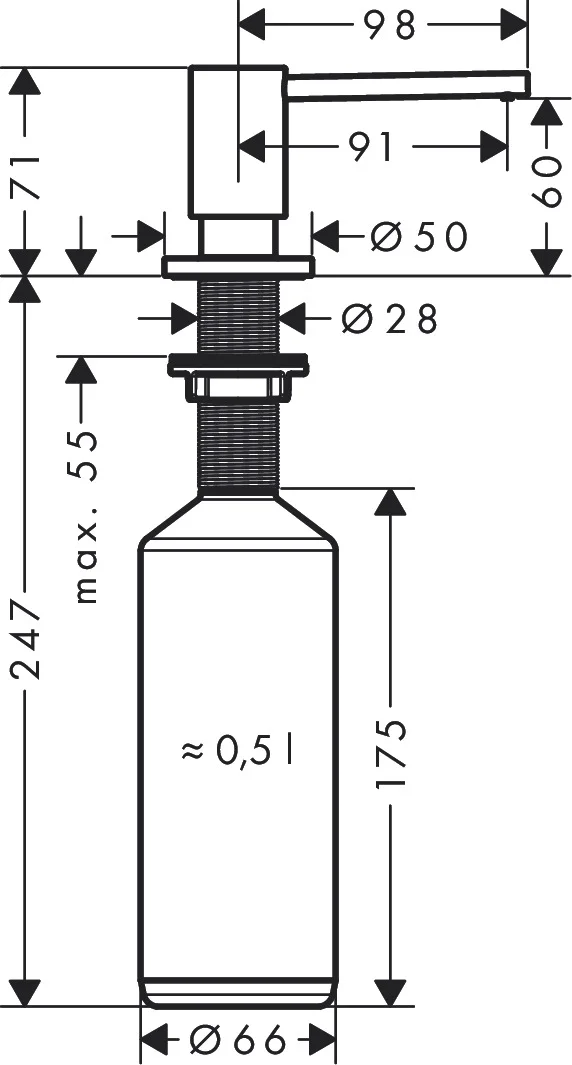 Hansgrohe AXOR Uno Spülmittelspender Chrom, Ausladung 91 mm, Metall, korrosionsbeständiges Auslaufrohr, Flascheninhalt 500 ml, Dosiermenge 2 ml, für Einbau in Arbeitsplatten bis 55 mm, einfache Montage ohne Werkzeug