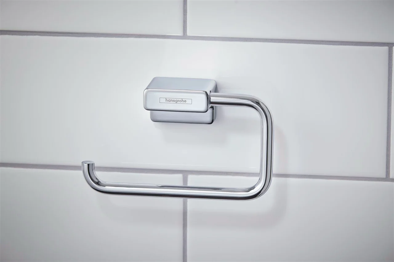 Hansgrohe AddStoris Q Toilettenpapierhalter, Chrom, Wandmontage mit verdeckter Befestigung, Bohrabstand 26 mm, Bohrloch-Durchmesser 6 mm