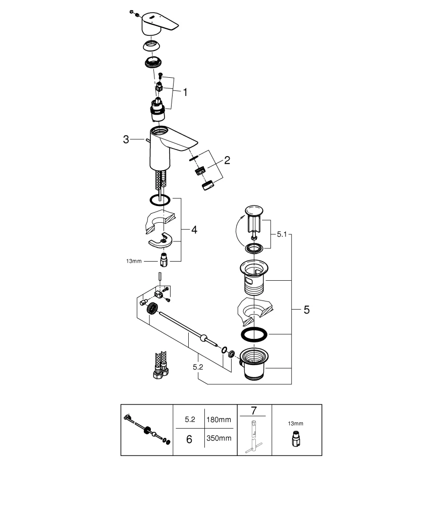 Einhand-Waschtischbatterie BauEdge 23894_1, S-Size, Einlochmontage, mit Temperaturbegrenzer, LowFlow 3,5 l/min Mousseur, Zugstangen-Ablaufgarnitur aus Kunststoff 1 1/4″, chrom