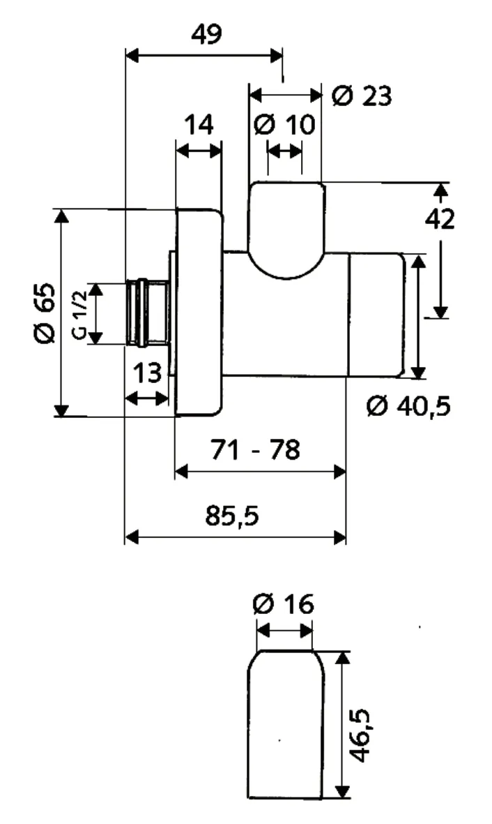 Eckventil mit Regulierfunktion CLASSIC, Schubrosette Ø 65 mm, DN 15 G 1/2 AG, Ø 10 mm (DN 10 G 3/8 AG), chrom