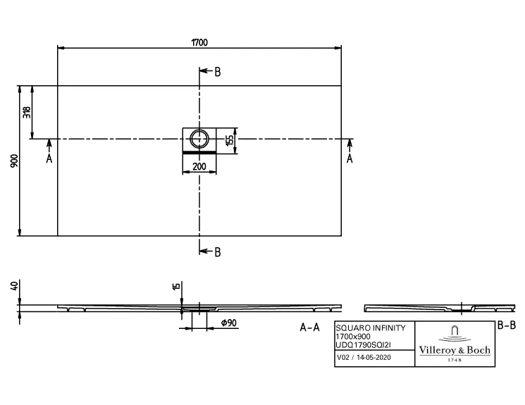 Villeroy & Boch Aufsatz-Duschwanne Squaro Infinity rechteckig Quaryl Grey 1700 x 900 x 40 mm Innentiefe 15 mm