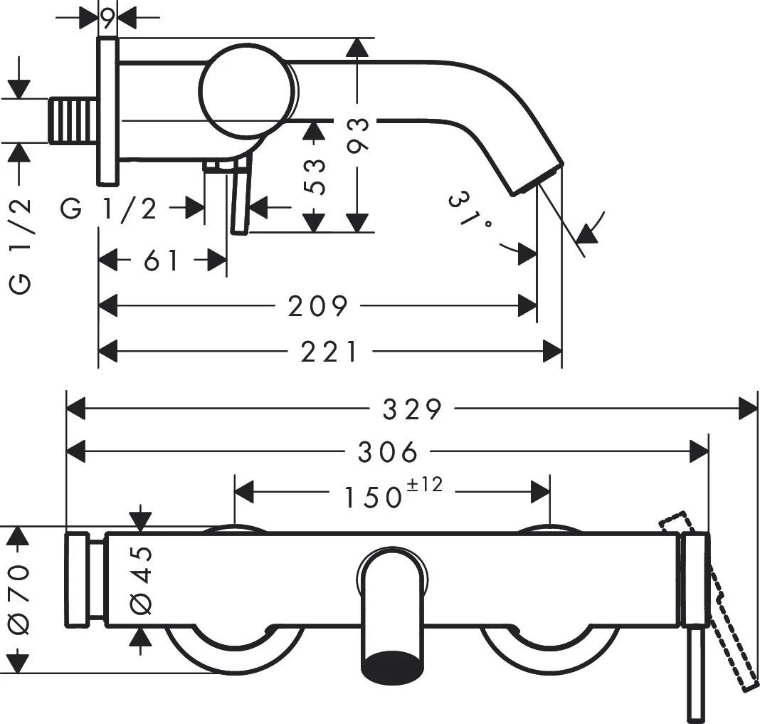 Hansgrohe Tecturis S Einhebel-Wannenmischer Aufputz, Chrom, Ausladung 209 mm, DN15, 2 Verbraucher
