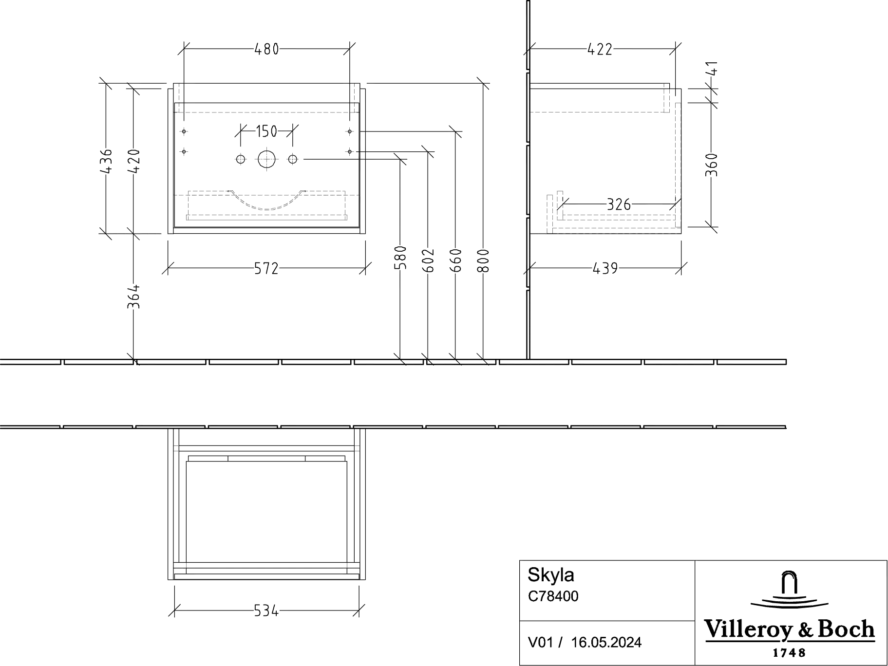 Villeroy & Boch Waschtischunterschrank „Skyla“ 572 × 436 × 439 mm Arizona Oak