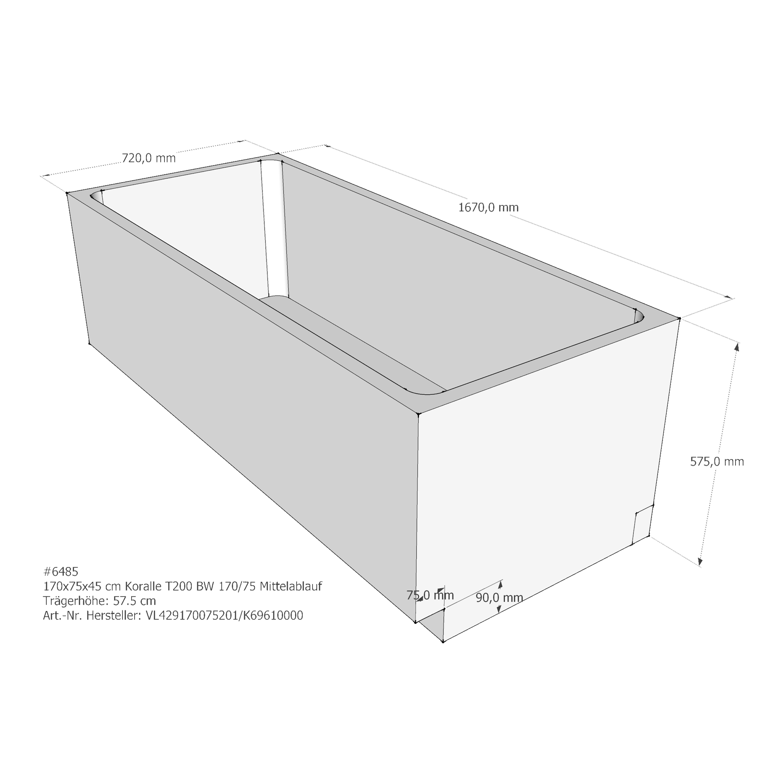 Wannenträger Koralle T200 BW 170/75 170x75x45 cm Mittelablauf