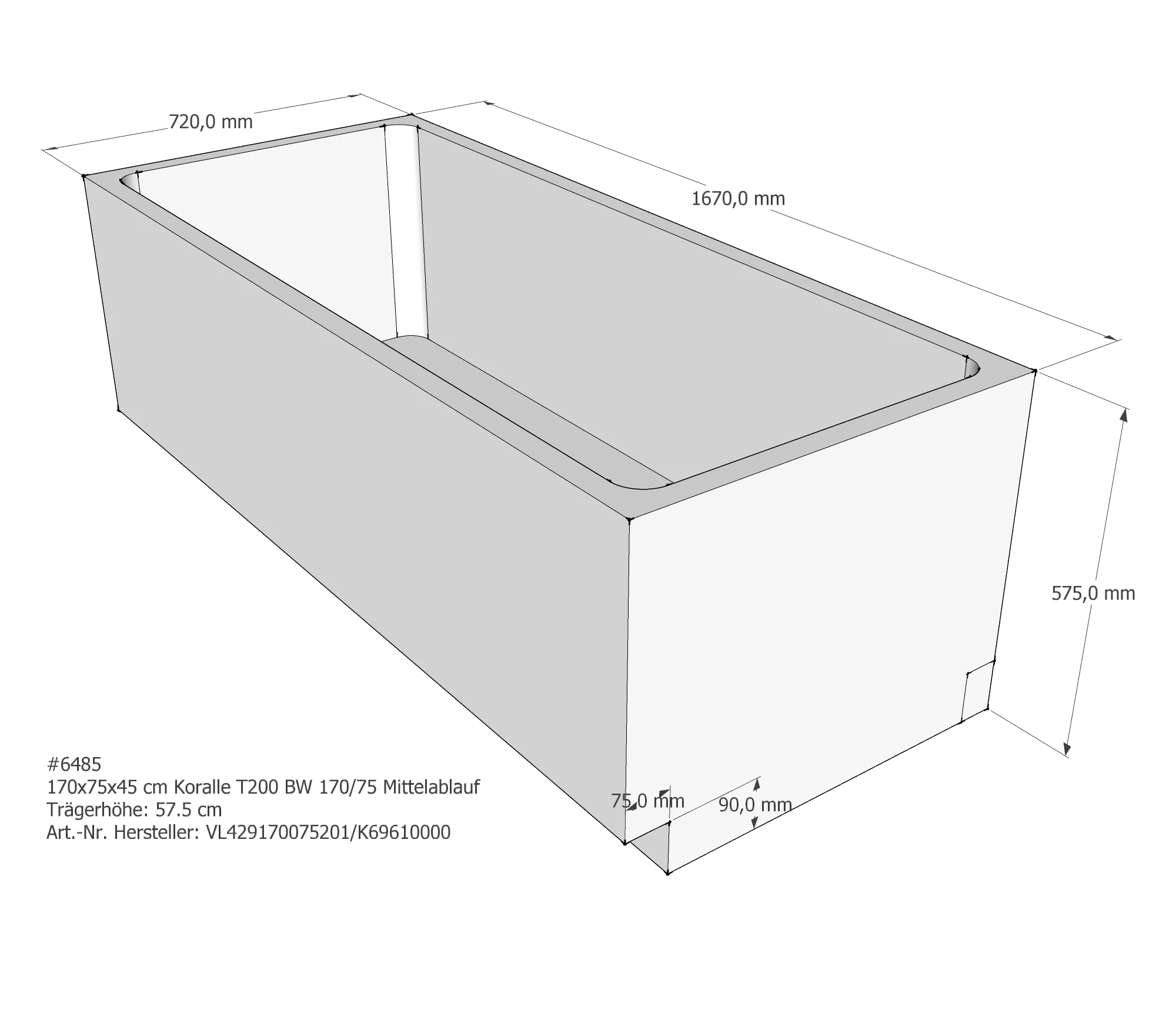 Badewannenträger passend für Koralle T200 BW 170/75 170 × 75 × 45 cm