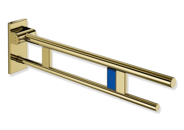 HEWI Stützklappgriff Duo System 900, Design A, Edelstahl PVD gold glänzend, Ausladung 750 mm, Funk-Spülauslösung, links, passend zu WC-Spülsystemen von Geberit, Mepa, Viega, Sanit, Friatec, TECE und Grohe