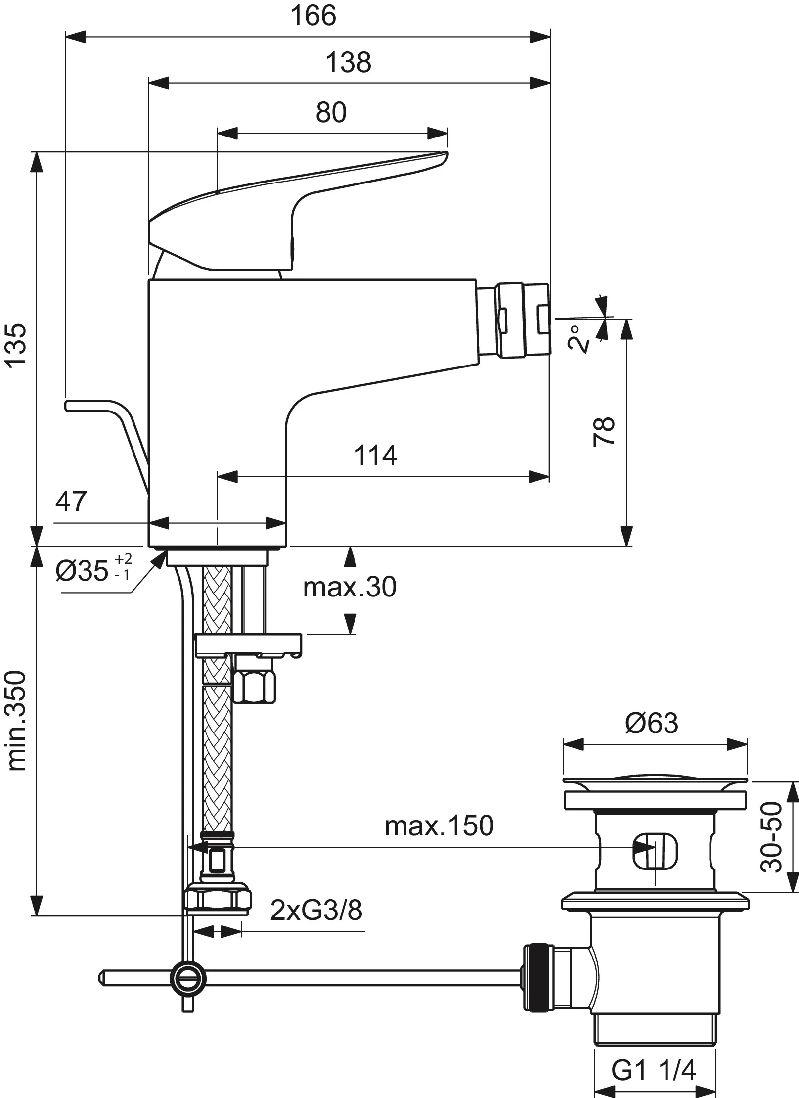 Bidetarmatur Ceraflex, Ausladung 114mm, mit Ablaufgarnitur aus Kst., Chrom Bidetarmatur Ceraflex, Ausladung 114mm, mit Ablaufgarnitur aus Kst., Chrom