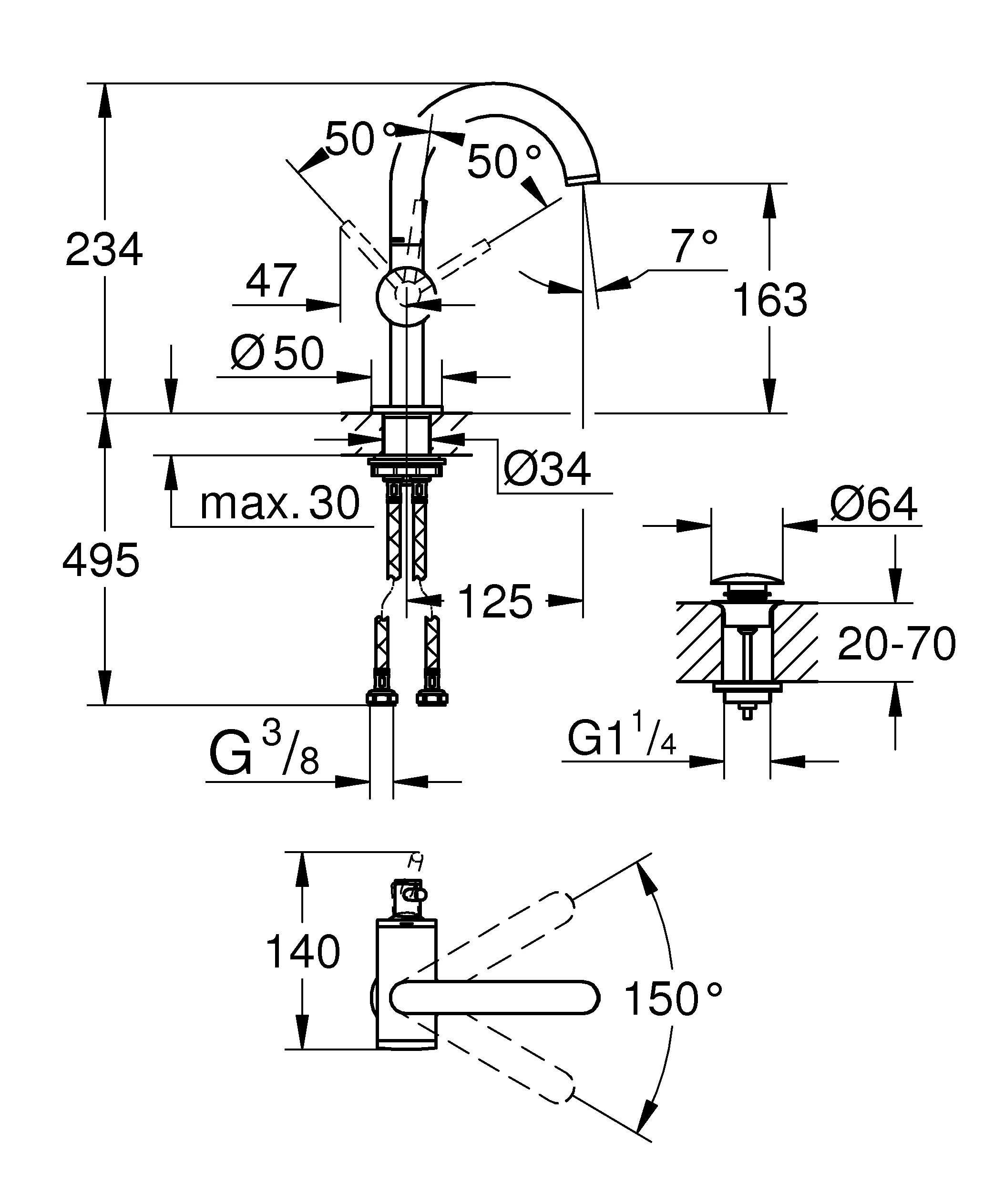 Einhand-Waschtischbatterie Atrio 24363, M-Size, Einlochmontage, schwenkbarer Bogenauslauf, mit Hebelgriff, Push-open Ablaufgarnitur 1 1/4'', chrom