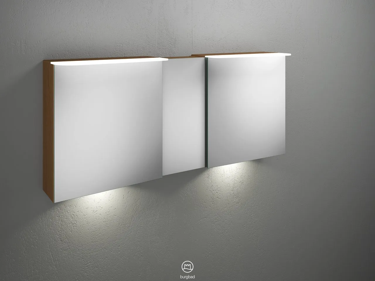 Badu Spiegelschrank SFUF150 von burgbad - 310 mm tief, 1.500 mm breit, 665 mm hoch mit 3 beidseitig verspiegelten Spiegeln und LED-Beleuchtung Badu Spiegelschrank SFUF150 von burgbad - 310 mm tief, 1.500 mm breit, 665 mm hoch mit 3 beidseitig verspiegelten Spiegeln und LED-Beleuchtung
