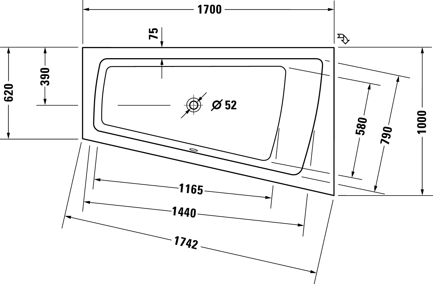 Duravit Badewanne „Paiova“ sonderform 170 × 100 cm, rechts