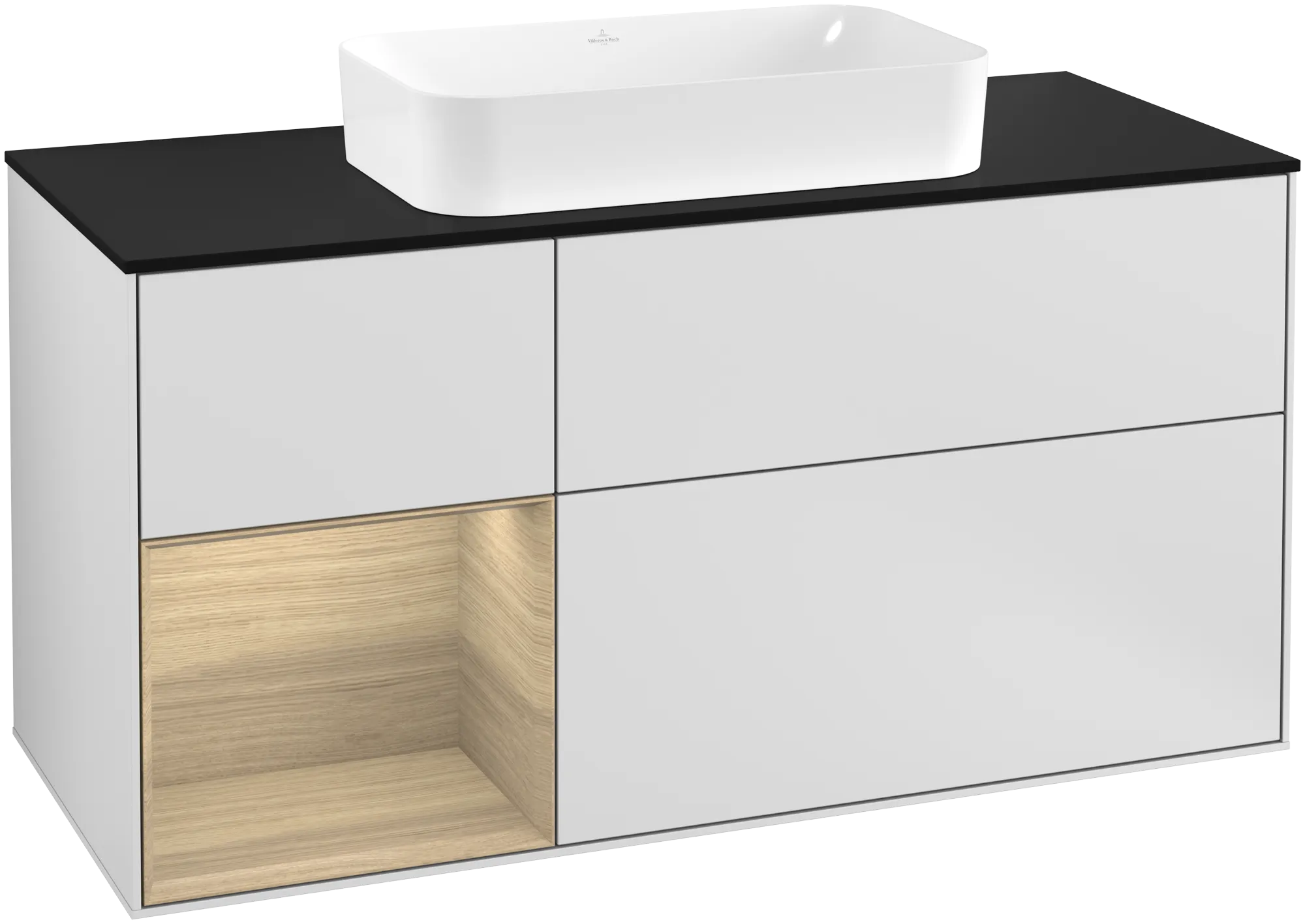 Villeroy & Boch Finion Waschbeckenunterschrank G29, 1200x603x501mm, mit Beleuchtung, White Matt Lacquer / Oak Veneer / Glass Black Matt