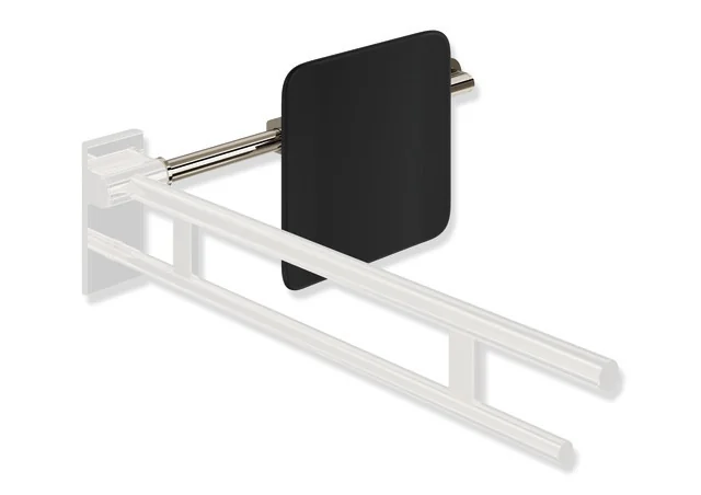 HEWI Rückensstütze System 900, PVD-beschichtet, Nickel glänzend, schwarz, Achsmaß verstellbar 616-716 mm, Tiefe 150 mm, einseitige Wandmontage (links) und SK-Griff-Anbindung (rechts)